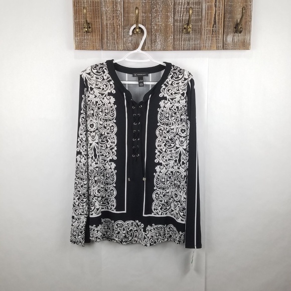 NWT I.N.C. International Concepts Jacquard Lace‑up Pullover Top Black Large - Picture 2 of 6
